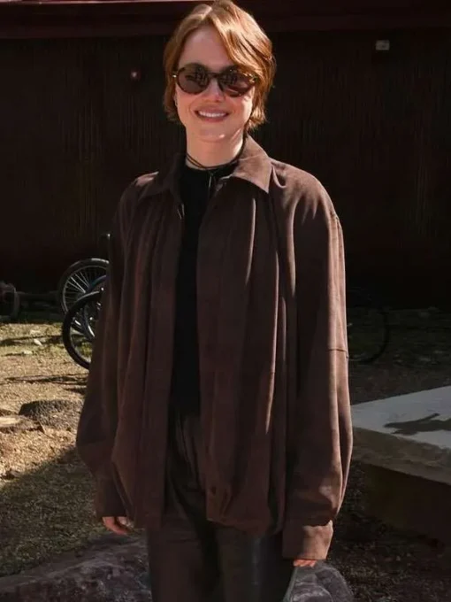 Emma Stone Bugonia Brown Suede Shirt