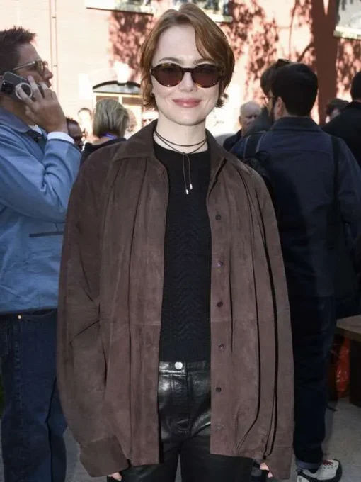 Emma Stone Bugonia Brown Suede Shirt