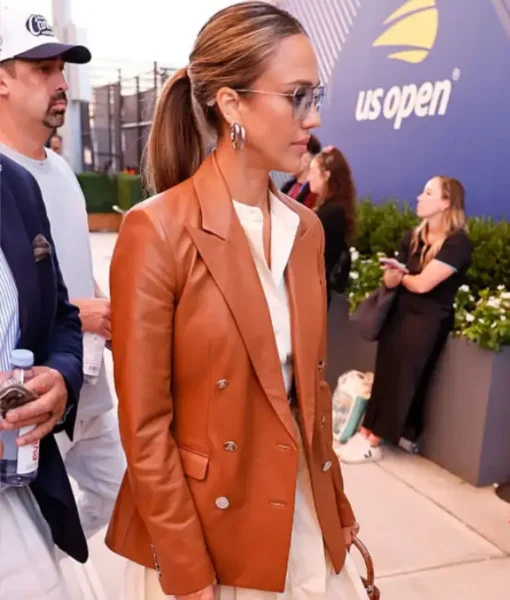 Jessica Alba 2025 US Open Tennis Championships Leather Blazer